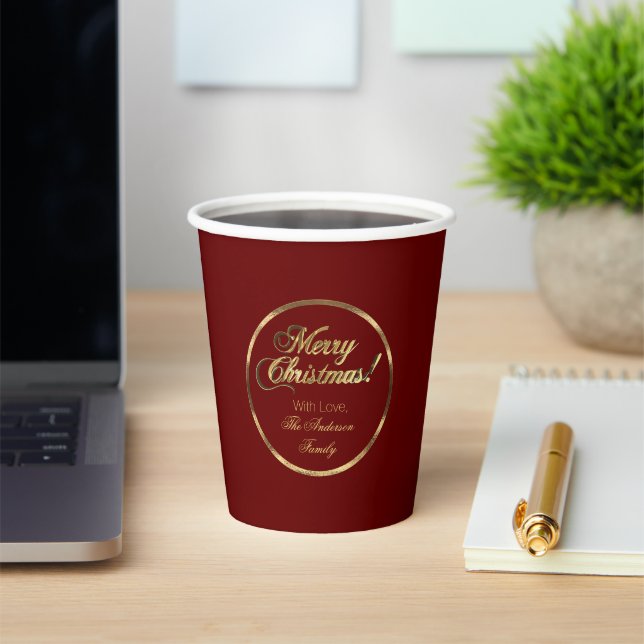 Elegant Script Burgundy Red and Gold Christmas Paper Cups (Insitu)