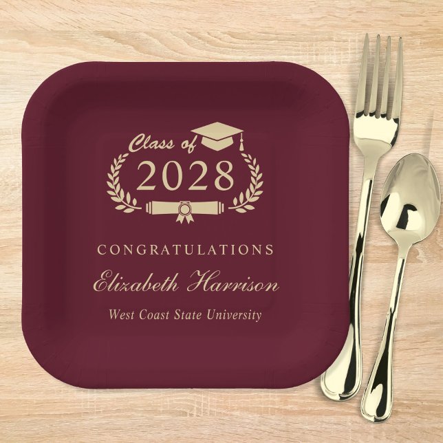 Elegant Script Burgundy Red Gold Graduation Paper Plate (Creator Uploaded)