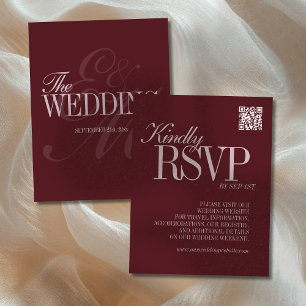 Elegant Script Burgundy Red QR Code Formal Wedding RSVP Card