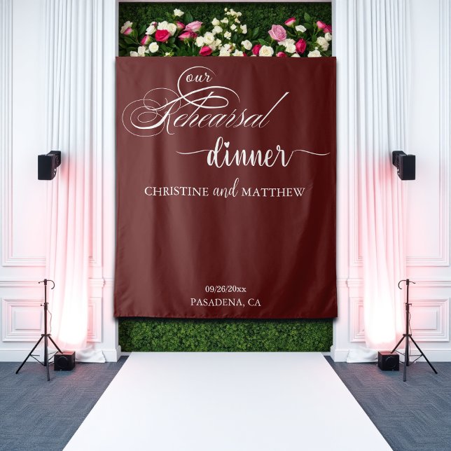 Elegant Script Burgundy Rehearsal Dinner Backdrop Tapestry (Creator Uploaded)