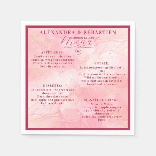 Elegant Script Burgundy Rose Gold Wedding Menu Napkin (Front)