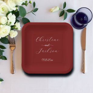 Elegant Script Burgundy Wedding Paper Plate