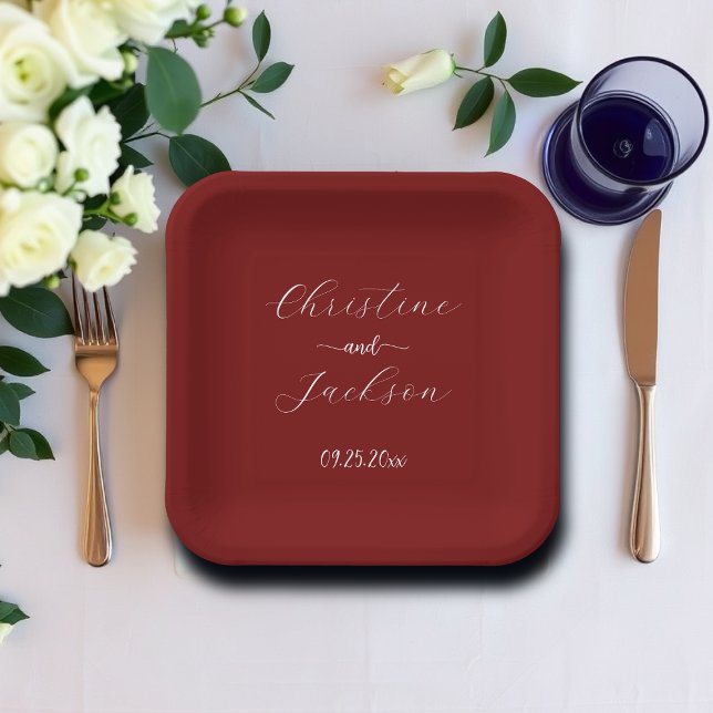 Elegant Script Burgundy Wedding Paper Plate (Creator Uploaded)