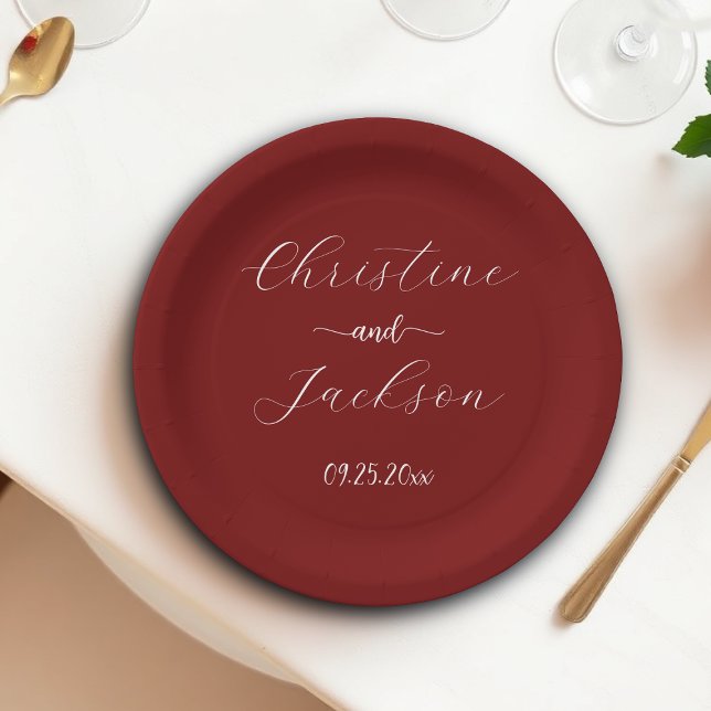 Elegant Script Burgundy Wedding Paper Plate (Creator Uploaded)