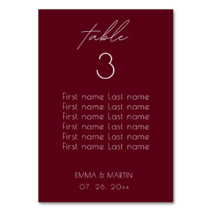 Elegant Script Burgundy Wedding  Seating Chart Table Number