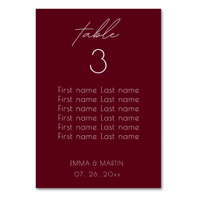 Elegant Script Burgundy Wedding  Seating Chart Table Number (Front)