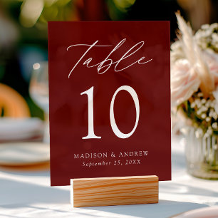 Elegant Script Burgundy Wedding Table Number Acrylic Sign