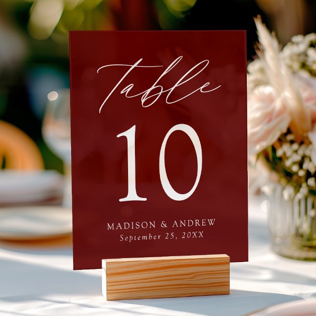 Elegant Script Burgundy Wedding Table Number Acrylic Sign (Please note: The wooden stand does not come with the sign. Zazzle sells a wood block stand.)