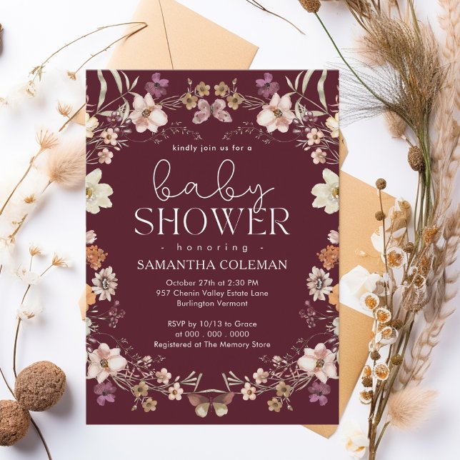 Elegant Script Burgundy Wildflower Baby Shower Invitation (Creator Uploaded)