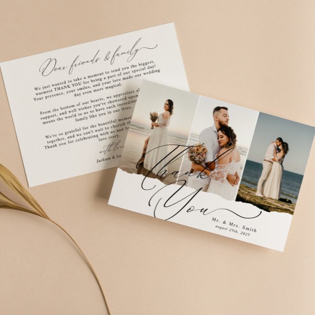 Elegant Script Calligraphy 3 Photo Collage Wedding Thank You Card (Creator Uploaded)