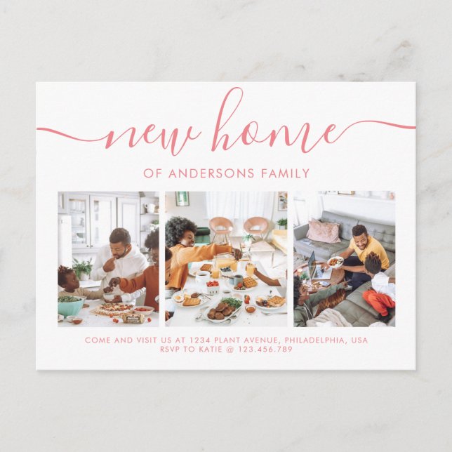 Elegant Script Calligraphy 3 Photo New Home Moving Announcement Postcard (Front)