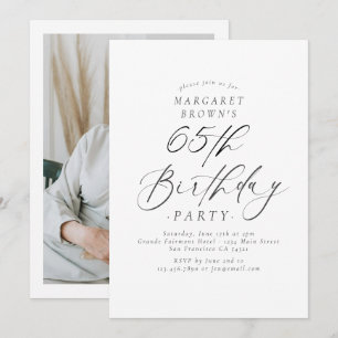Elegant Script Calligraphy 65th Birthday Photo Invitation