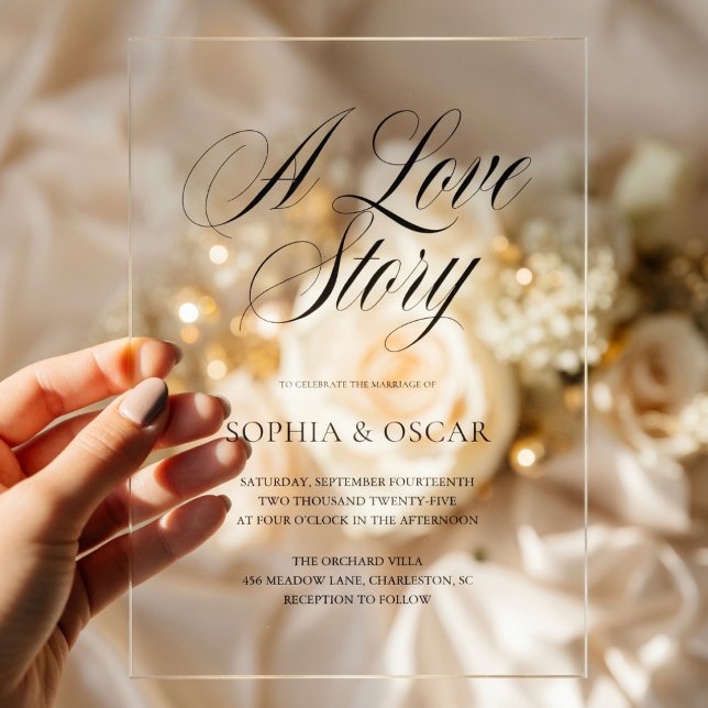 Elegant Script Calligraphy | A Love Story Modern Acrylic Invitations (Creator Uploaded)