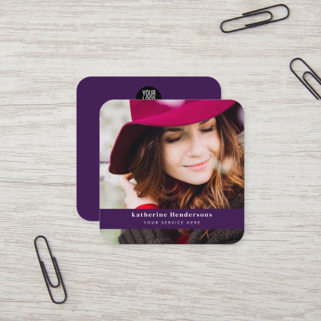 Elegant script calligraphy add Photo& QR Code Logo Square Business Card (Front/Back In Situ)