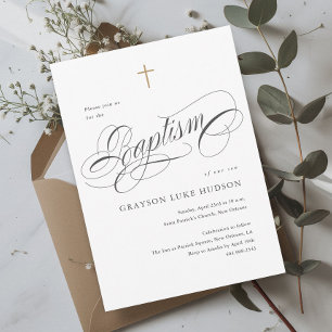 Elegant Script Calligraphy Black and White Baptism Invitation
