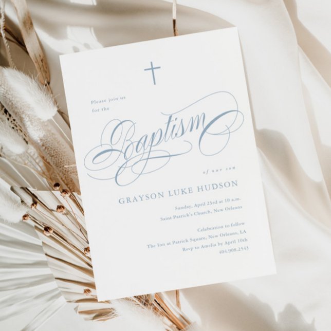 Elegant Script Calligraphy Dusty Blue Boys Baptism Invitation (Elegant Script Dusty Blue Boys Baptism Invitation.)