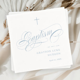 Elegant Script Calligraphy Dusty Blue Boys Baptism Napkin