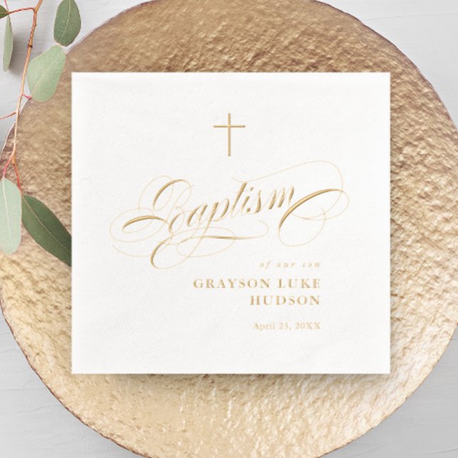 Elegant Script Calligraphy Gender Neutral Baptism  Foil Napkins (Elegant script baptism real foil napkins.)