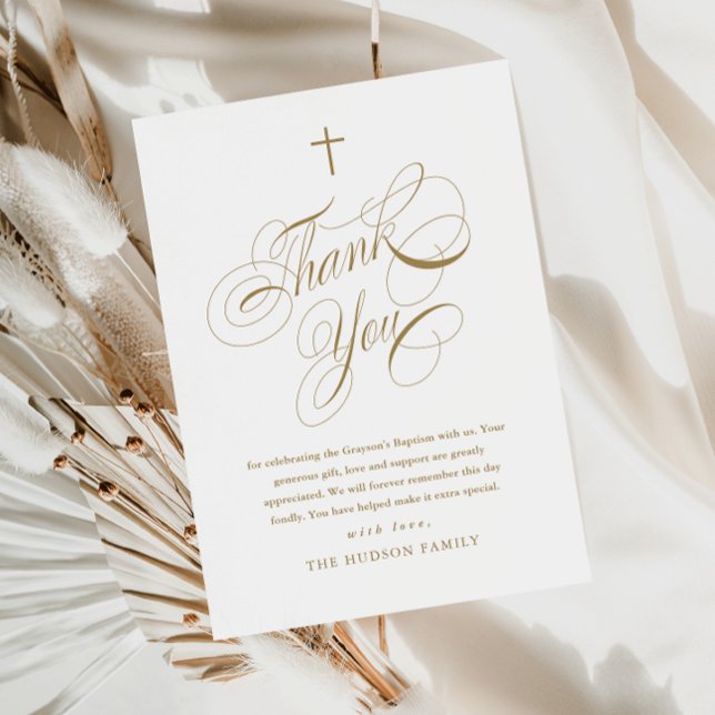 Elegant Script Calligraphy Gold Baptism Thank You Card (Elegant calligraphy gold baptism thank you card.)