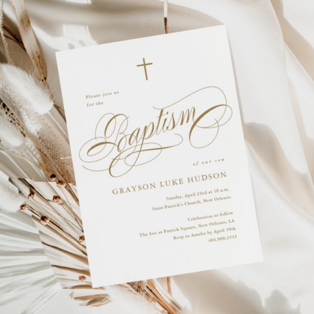 Elegant Script Calligraphy Gold Neutral Baptism Invitation (Creator Uploaded)