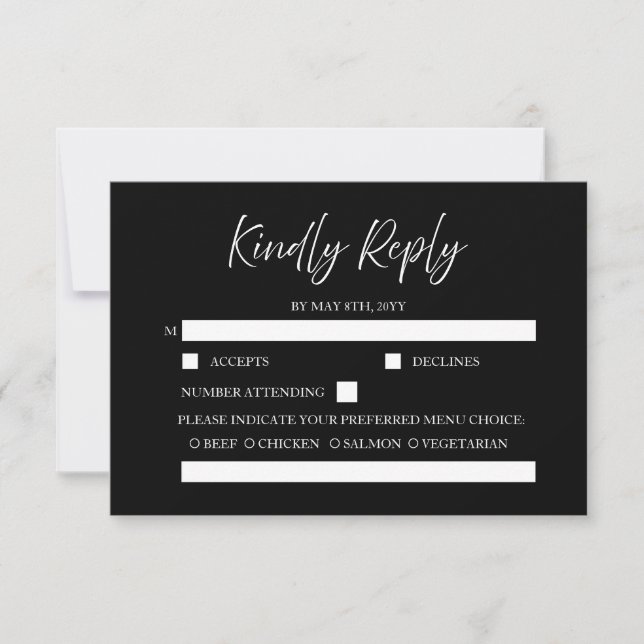 Elegant Script Calligraphy Minimal Black Wedding RSVP Card (Front)