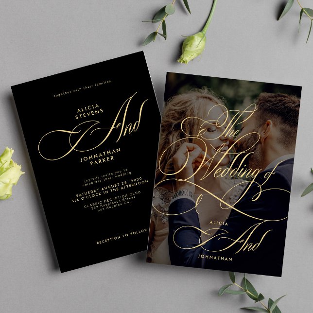 Elegant script calligraphy photo black wedding invitation (Creator Uploaded)