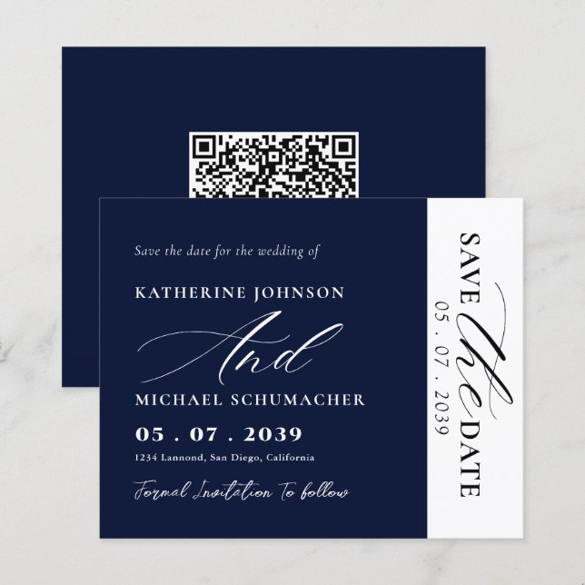 Elegant Script Calligraphy & QR Code Save The Date (Front/Back)