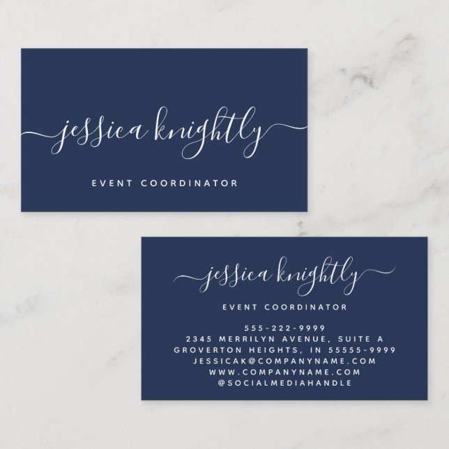 Elegant Script Calligraphy Swash Minimalist Blue Business Card (Front/Back)