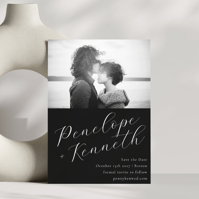 Elegant Script Calligraphy Wedding Photo Black Save The Date (Creator Uploaded)