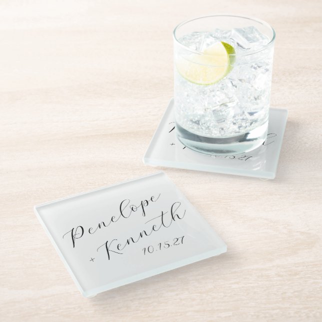 Elegant Script Calligraphy White Wedding Custom  Glass Coaster (Angled)