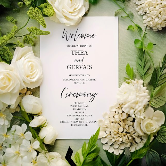 Elegant Script Calligraphy White Wedding Program (Creator Uploaded)