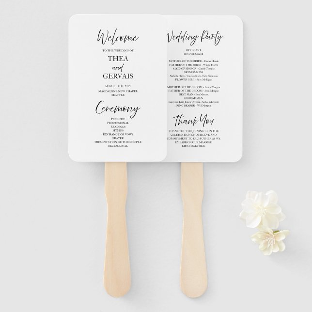 Elegant Script Calligraphy White Wedding Program Hand Fan (Front and Back)