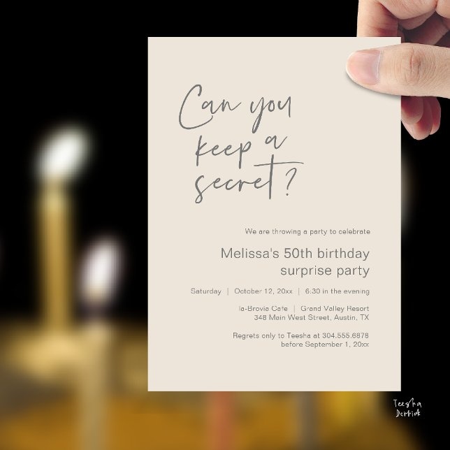 Elegant Script Can You Keep A Secret Surprise Invitation (Elegant Script Can You Keep A Secret Surprise Invitation Card in Cream and Grey)