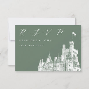 Elegant Script Castle Sage Green Wedding RSVP Card