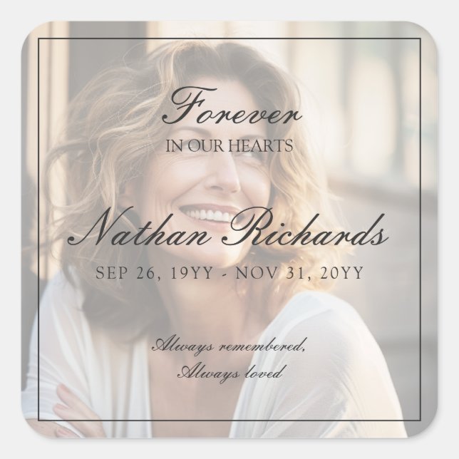 Elegant Script Celebration of Life Photo Funeral Square Sticker (Front)