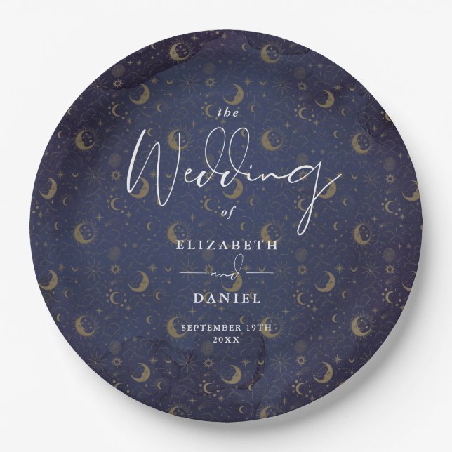 Elegant Script Celestial Stars And Moons Wedding Paper Plate (Front)