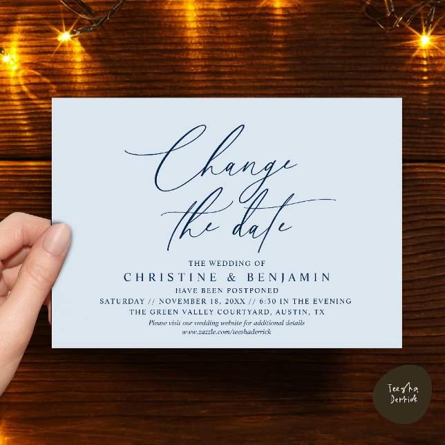 Elegant Script Change the Date Wedding Postpone  Invitation (Elegant Script Change the Date Wedding Postponement Invitation Card in Misty Navy Blue)