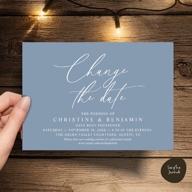 Elegant Script Change the Date Wedding Postpone  Invitation (Elegant Script Change the Date Wedding Postponement Invitation Card in Dusty Blue)