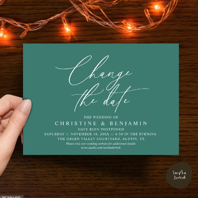 Elegant Script Change the Date Wedding Postpone  Invitation (Elegant Script Change the Date Wedding Postponement Invitation Card in Teal Green)