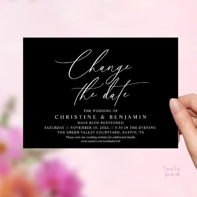Elegant Script Change the Date Wedding Postpone  Invitation (Elegant Script Change the Date Wedding Postponement Invitation Card in Classy Black)