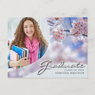 Elegant Script Cherry Blossom   Modern Photo Grad Postcard