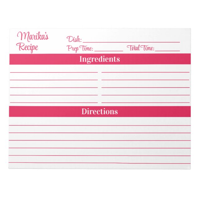 Elegant Script Cherry Red 8.5x11 Recipes Notepad (Front)