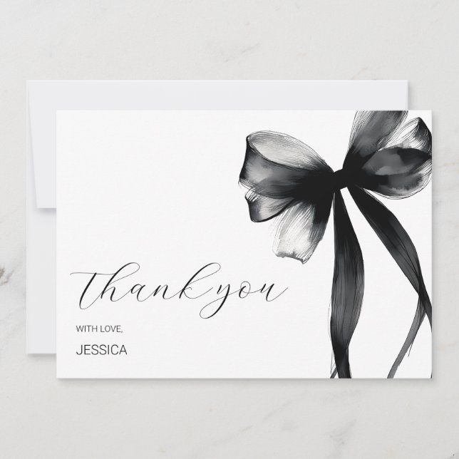 Elegant Script Chic Black Bow 30th Birthday Party Thank You Card (Front)