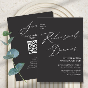 Elegant Script Chic Grey Rehearsal Dinner QR code Invitation