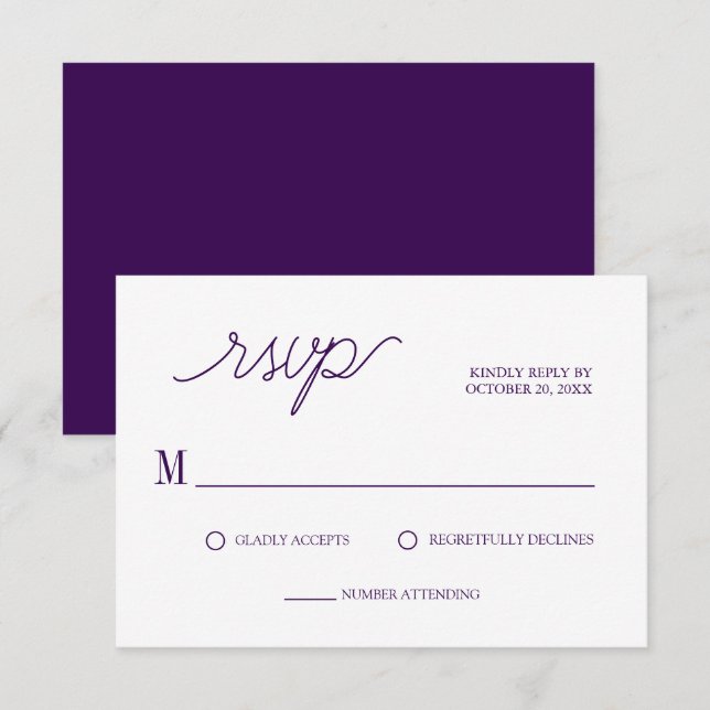 Elegant Script Chic Purple Minimal Wedding RSVP Card (Front/Back)