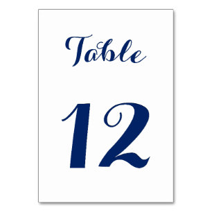 Elegant Script Chic White Navy Blue Wedding Party Table Number