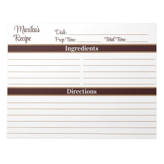 Elegant Script Chocolate Brown 8.5x11 Recipes Notepad (Front)