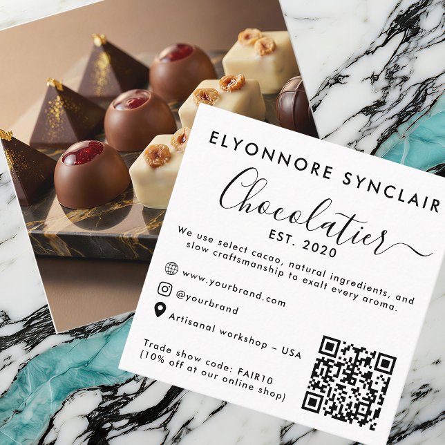 Elegant Script Chocolatier Brand Photo QR Code Calling Card (Creator Uploaded)