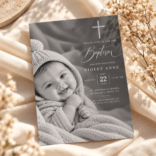 Elegant Script Christian Baptism Baby Girl Photo Invitation