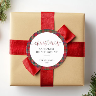 Elegant Script Christmas Colories Plaid Tartan Classic Round Sticker